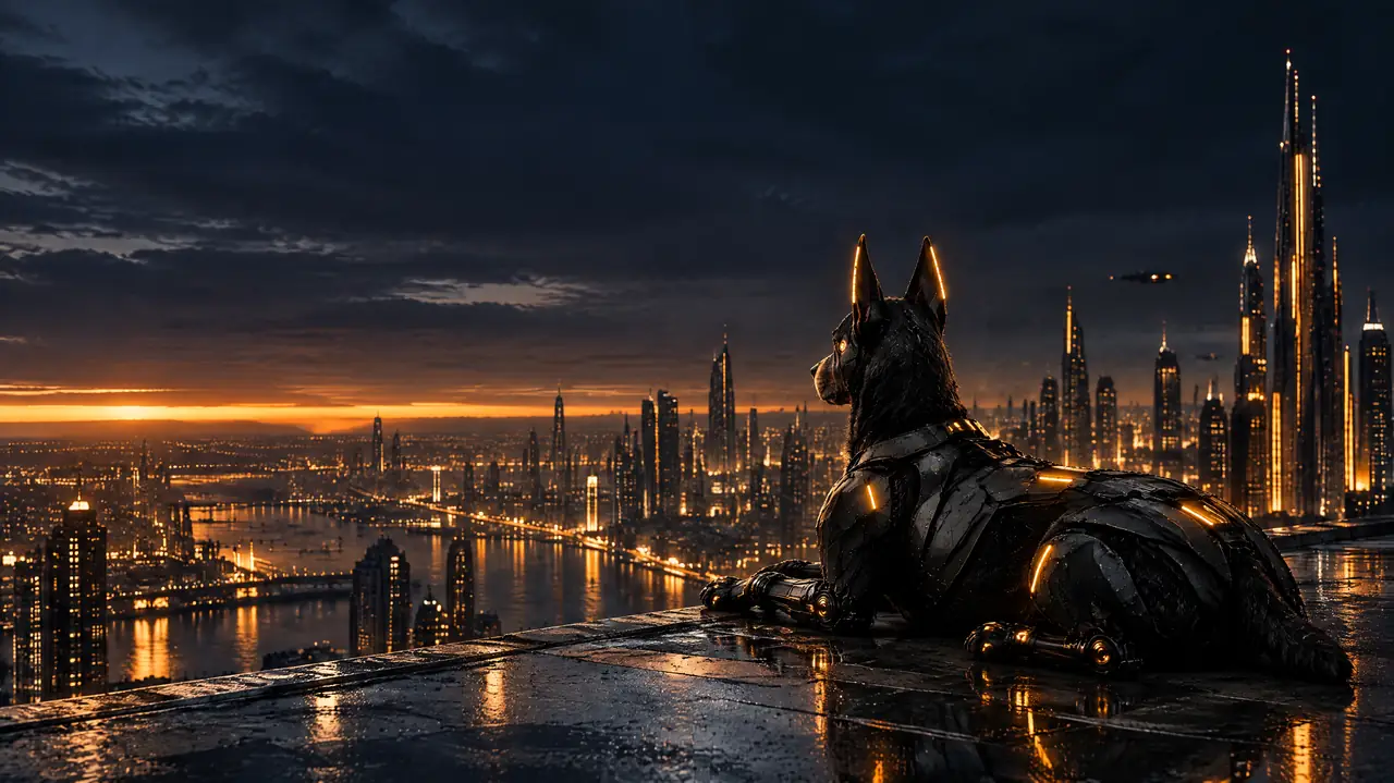 The hound resting on a rooftop above the city before dawn