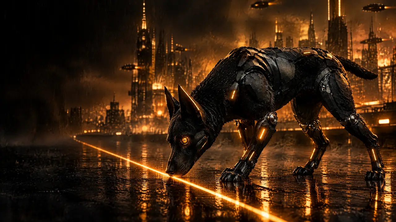 The hound tracking a line of amber light across a rooftop